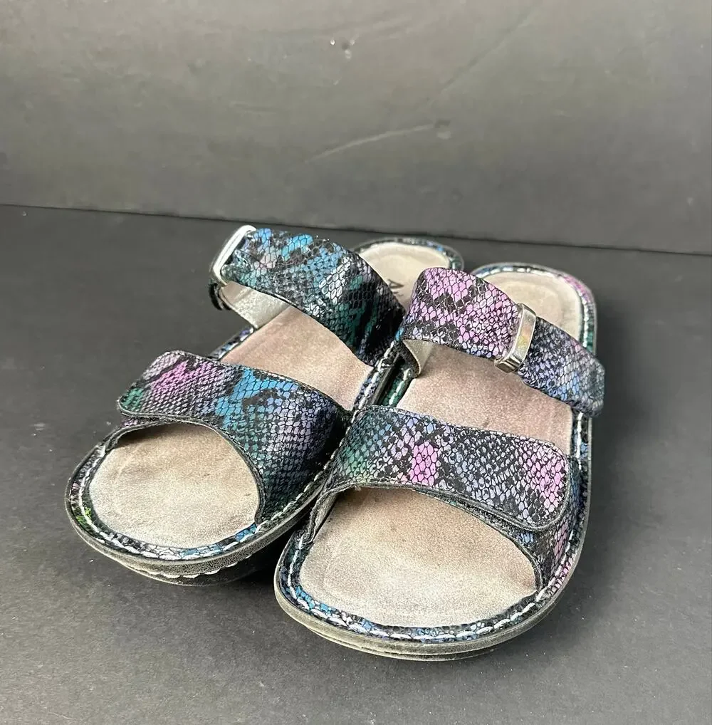 Alegria Karmen Black Purple Reptile Pattern Strap Sandals Size 38 US  8 8.5